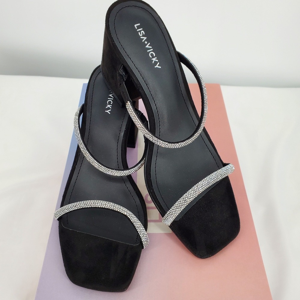 Lisa Vicky Mood-V Size 8M Black Hotfix Rhinestone Block Heel Sandals Square Toe